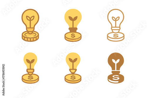 Innovative Logo Designs. Entrepreneurship. Set Logo of Entrepreneurship: lightbulb sprouting from coin. harmonious logo variations of the same emblematic