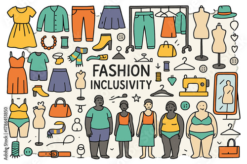 Colorful Fashion Diversity. Fashion inclusivity. Hand-drawn doodle illustration dresses (colored), shirts (colored), pants (colored), skirts (colored), jackets