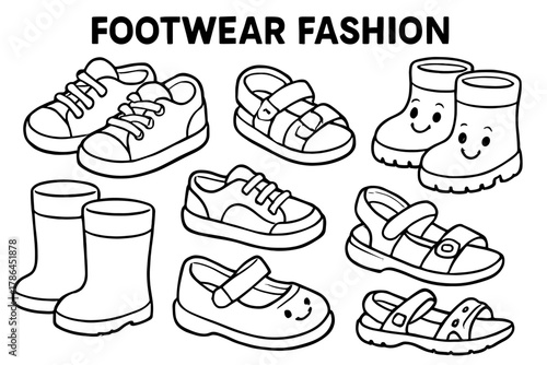 Kids Footwear Coloring Fun. Footwear fashion children?s coloring book illustration, outlined drawing, cheerful