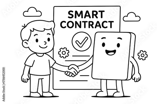 Coloring Book Contracts. Smart contracts children?s coloring book illustration, outlined drawing, two friendly characters shaking hands beside a big document