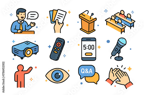 Classroom Skills Icons. Classroom presentation skills. Colorful isometric vector icons set of Classroom presentation skills: confident speaker, cue cards,