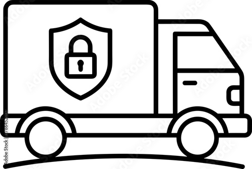 Outline of a secure delivery truck with a shield and lock symbol in a minimalist design