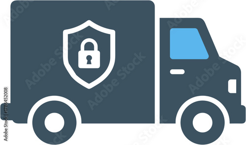 Secure delivery truck with a shield and lock symbol in a modern flat design style