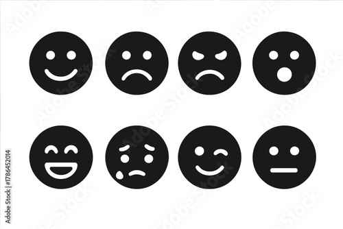 Black Facial Icons. Facial expressions. Filled icon set of facial expressions: happy face, sad face, angry