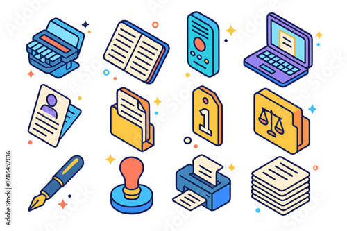 Isometric Court Icons Set. Court reporting and documentation. Colorful isometric vector icons set of Court reporting and documentation: stenography machine,