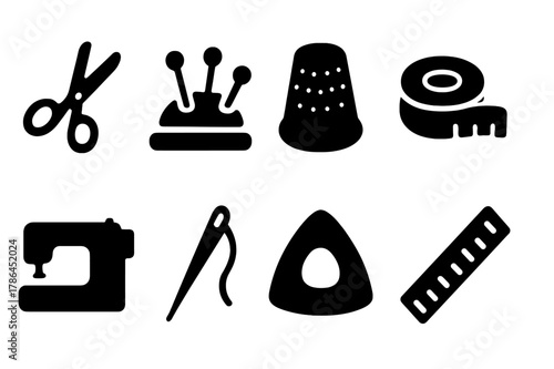 Sewing Tools Icons. Sewing tools. Filled icon set of sewing tools: scissors, pins, thimble, tape measure,