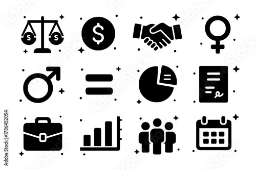 Equal Pay Icons. Equal Pay. Solid icons set of Equal Pay: balance scale, dollar coin, handshake, female symbol, male symbol, equality sign, pie chart, contract