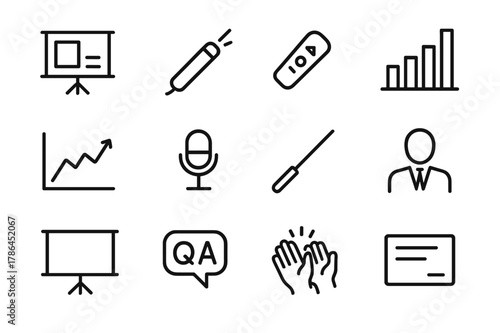 Presentation Icon Set. Presentation. Line icon set of Presentation: slide deck, laser pointer, clicker remote, bar chart, line graph, microphone, pointer