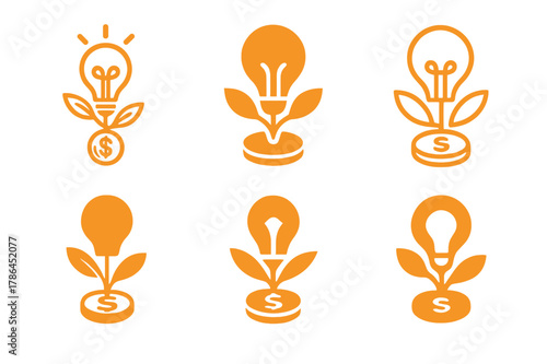 Innovative Logo Designs. Entrepreneurship. Set Logo of Entrepreneurship: lightbulb sprouting from coin. harmonious logo variations of the same emblematic
