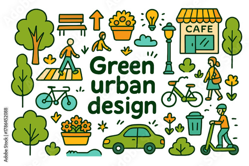 Green Urban Concept. Green urban design. Hand-drawn doodle illustration of green urban design. Trees, benches,