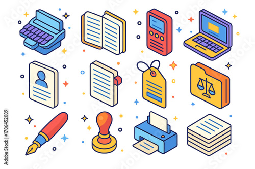 Isometric Court Icons Set. Court reporting and documentation. Colorful isometric vector icons set of Court reporting and documentation: stenography machine,