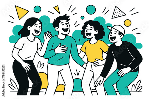 Joyful Outdoor Laughter. Laughing in a Group. People outdoors laughing and joking together with floating abstract geometric shapes, happy and