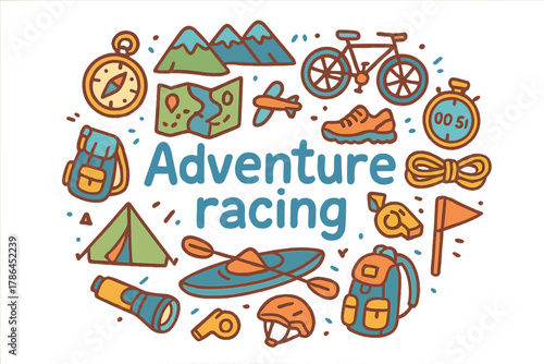 Adventure Racing Elements. Adventure racing. Hand-drawn doodle illustration of adventure racing. Compass, map,