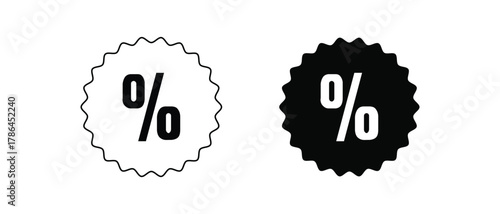 Black and white percentage discount badge icons simple sale and offer symbols for marketing, retail promotion, e-commerce design, and digital advertising templates