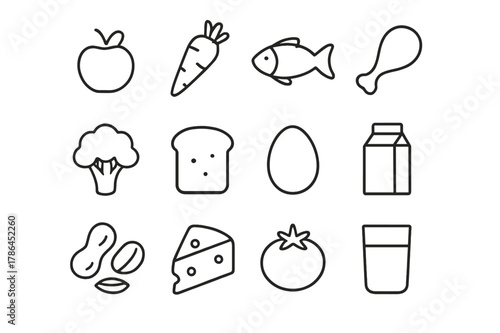 Healthy Eating Icons. Healthy eating plate. Line icon set of healthy eating plate: apple, carrot, fish, chicken drumstick, broccoli, bread slice, egg, milk