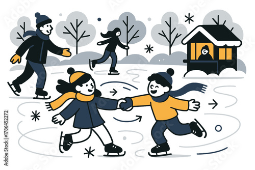 Winter Wonderland Skaters. Ice skating in the park. Joyful people gliding on a frozen pond surrounded by snowy