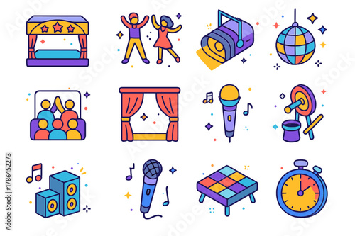 Showtime Icon Set. Showtime. Colorful isometric vector icons set of showtime: stage, dancers, spotlight, audience, curtains, disco ball, music notes,
