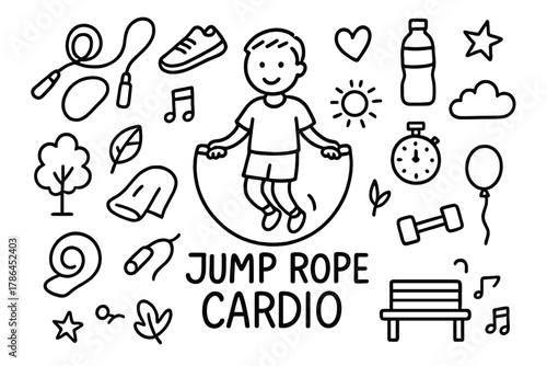 Jump Rope Doodle. Jump Rope Cardio. Hand-drawn doodle illustration of Jump Rope Cardio. In the middle, one