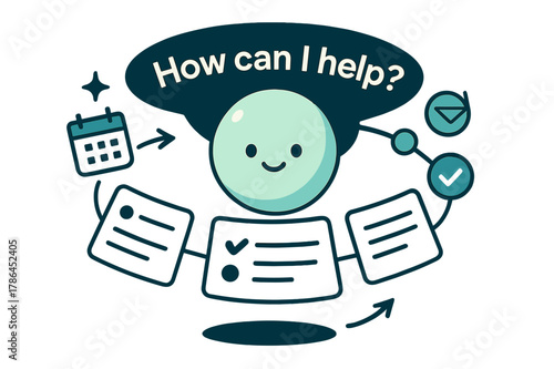 Dynamic AI Assistance. AI Assistants. A friendly orb with a subtle face projects task cards into a tidy arc; caption ?How can I help?? glows above. Floating