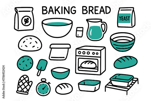 Baking Essentials Doodle. // Baking bread. Hand-drawn doodle illustration Baking bread [mixing bowl (accented), flour bag, yeast packet (accented), water jug,