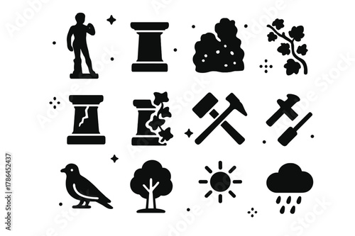 Outdoor Sculpture Icons. Outdoor Sculpture. Solid icons set of Outdoor Sculpture: statue, pedestal, moss, cracks, ivy, chisel, hammer, bird, tree, sun, rain,