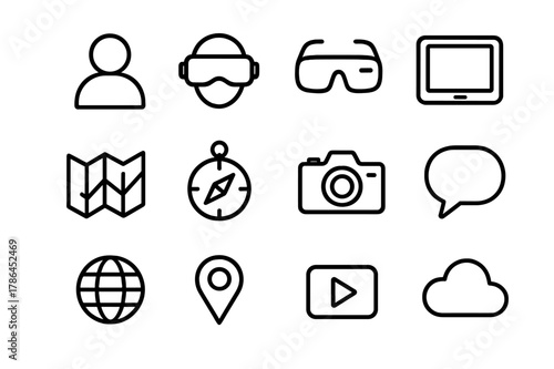 Virtual Guide Icons. Virtual guides. Line outline icon set of virtual guides: person icon, VR headset, AR
