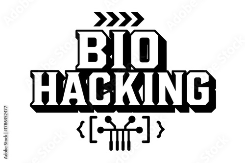 Biohacking Geometric Design. Biohacking ? bold block geometric lettering; thick massy letters with geometric serifs, heavy outer outline, strong cast shadow;