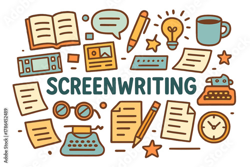 Illustrated Screenwriting Essentials. Screenwriting. Hand-drawn doodle illustration of Screenwriting. Open