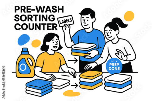 Organized Laundry Counter. Pre-Wash Sorting Counter. A clean countertop layout with detergent, labels, and folded stacks; ?Prep Done? tag glows softly near a