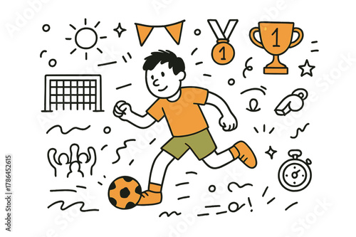 Athlete's Triumph. Sports event. An athlete competing in a sports event. Hand-drawn doodle illustration An athlete competing in a sports event, colored jersey,