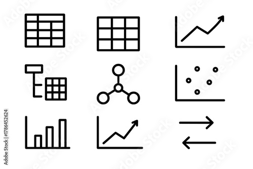 Dataset Analysis Icons. Dataset analysis. Line outline icon set of dataset analysis: spreadsheet, dataset,