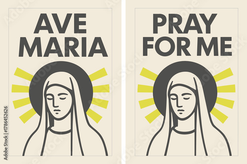 Ave Maria Banners. Ave Maria. Two vertical A6 banners with safe margins, centered composition, no elements touching edges, bauhaus, charcoal and neon yellow,