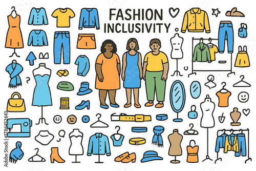 Colorful Fashion Diversity. Fashion inclusivity. Hand-drawn doodle illustration dresses (colored), shirts (colored), pants (colored), skirts (colored), jackets