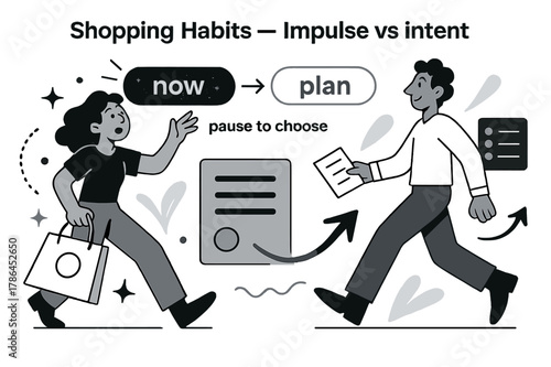 Impulse vs Intent. Shopping Habits ? Impulse vs Intent. Two buttons hover: ?now? flickers and ?plan? glows steady; a list icon anchors the scene. Caption