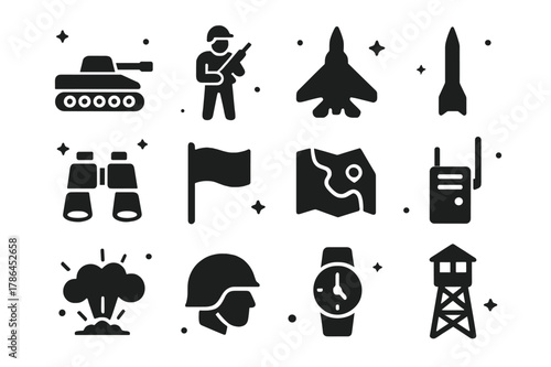 Armored Assault Icons. Armored Assault. Solid icons set of Armored Assault: tank, soldier, jet, missile, binoculars, flag, map, radio, armored vehicle,