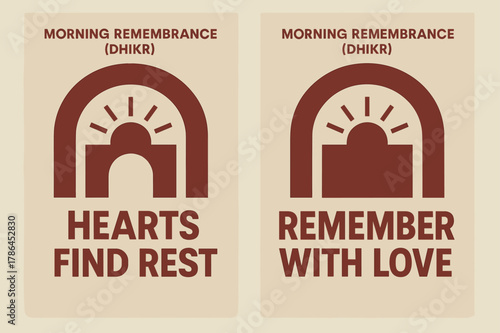 Morning Dhikr Banners. Morning Remembrance (Dhikr). Two vertical A6 banners with safe margins, centered composition, no elements touching edges, bauhaus,