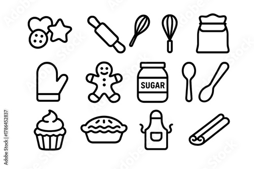 Festive Baking Icons. Festive baking. Line outline icon set of festive baking: cookies, rolling pin, whisk,