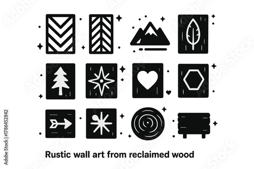 Reclaimed Wood Art Icons. Rustic wall art from reclaimed wood. Solid icons set of Rustic wall art from reclaimed wood: chevron panel, herringbone panel,