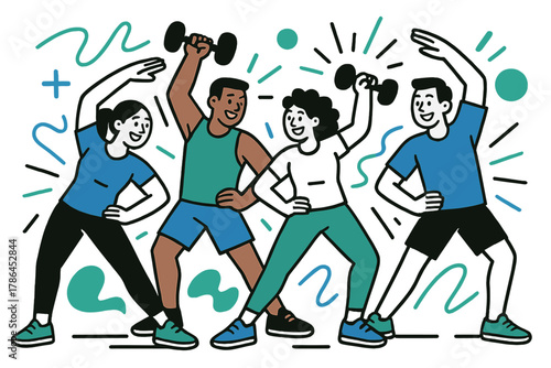 Energetic Fitness Teamwork. Group Fitness Class. Participants stretch and lift in sync, smiling and motivating