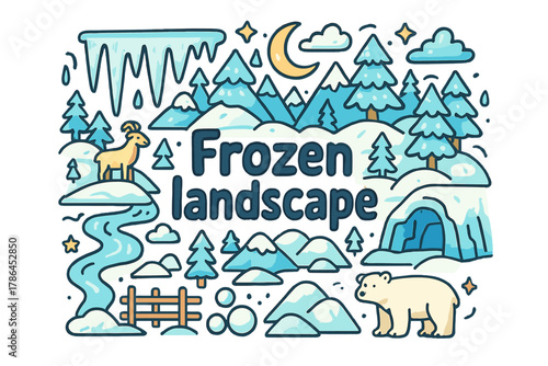Frozen Wonderland Illustration. Frozen landscape. Hand-drawn doodle illustration of frozen landscape. Icicles,