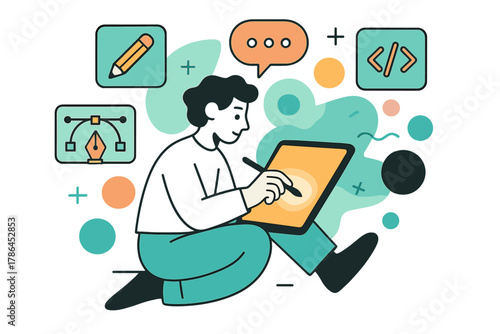 Creative Freelance Designer. Creative Freelance Work. A designer works on a glowing tablet surrounded by