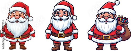 Three cartoon santas in a row with gifts and festive attire