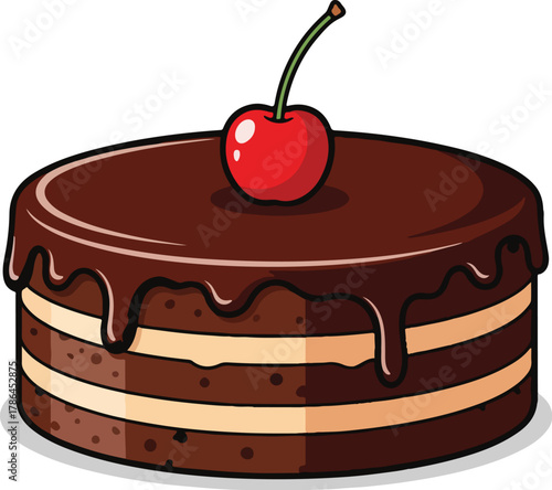 Delicious Chocolate Layer Cake with Cherry Topping Isolated on White Background Vector Illustration