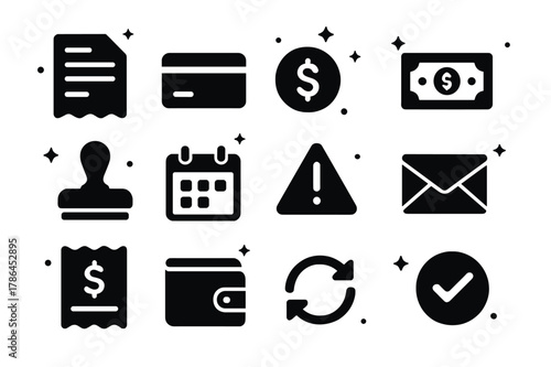 Payment Icons Set. Payment and Bill Reminders. Solid icons set of Payment and Bill Reminders: invoice, credit card, dollar coin, banknote, due date stamp,