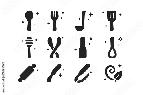 Handmade Wooden Utensils Icons. Handmade Wooden Utensils. Solid icons set of Handmade Wooden Utensils: spoon, fork, ladle, spatula, honey dipper, salad tongs,