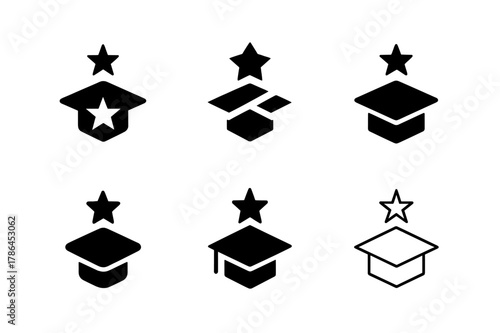 Guiding Star Logos. Mentorship and scholarships. Set Logo of Mentorship and scholarships: guiding star over graduation cap. harmonious logo variations of the