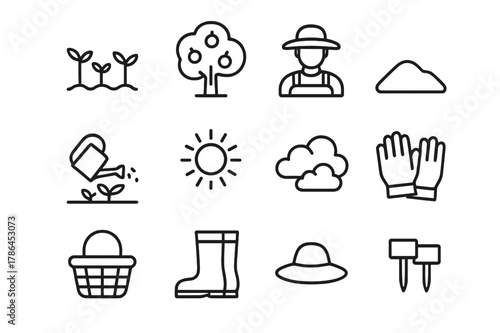 Orchard Growth Icons. Orchard growth. Line outline icon set of orchard growth: saplings, trees, farmer, soil