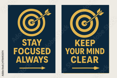 Stay Focused Banners. Stay focused always. Two vertical A6 banners with safe margins, centered composition, no elements touching edges, bold, navy and gold,
