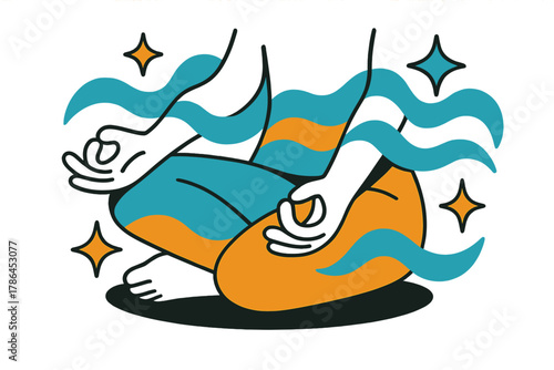 Mindful Breathing Art. Mindful breathing. A close-up of hands resting on knees with abstract waves and