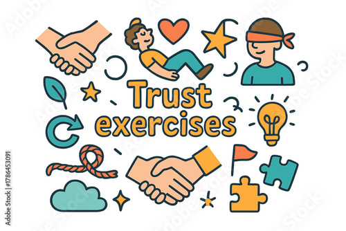 Trust Exercises Doodle. Trust exercises. Hand-drawn doodle illustration of trust exercises. People, hands,
